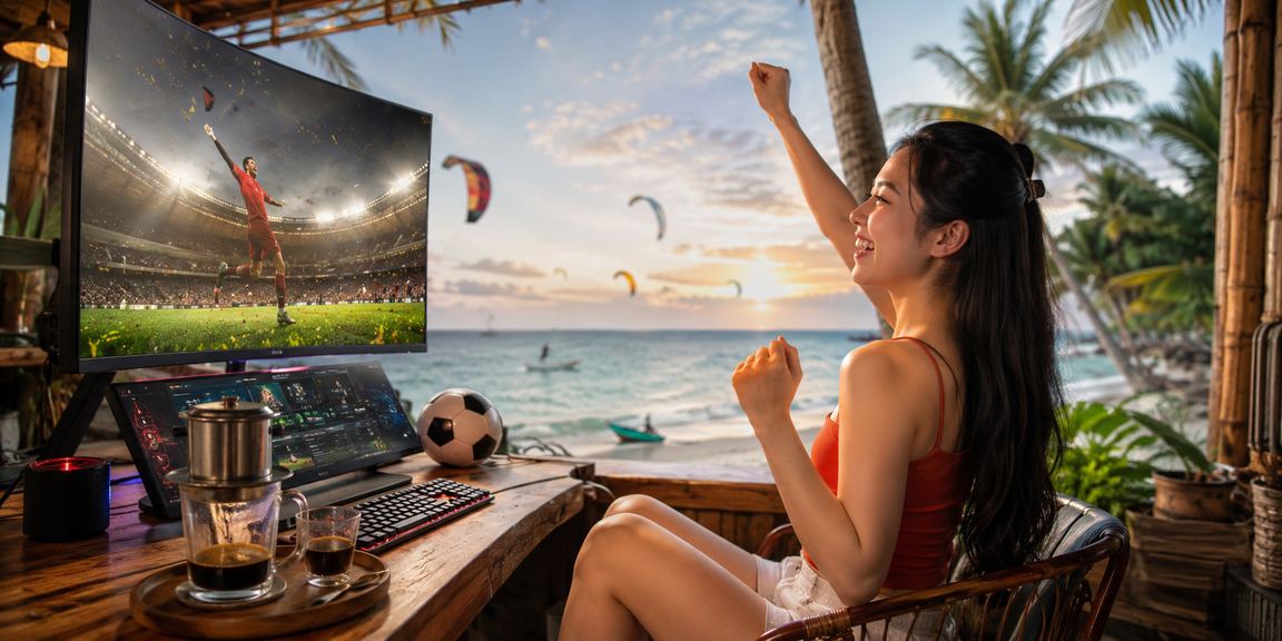 Người dùng tại Mũi Né thư giãn với cà phê và trải nghiệm game trực tuyến trên điện thoại